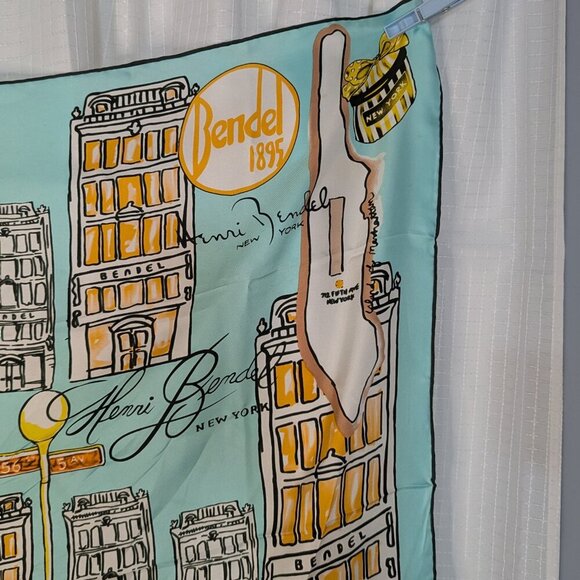 Henri Bendel 100% Silk Scarf, NYC motif, 34"X34"  Aqua Background - Picture 6 of 7